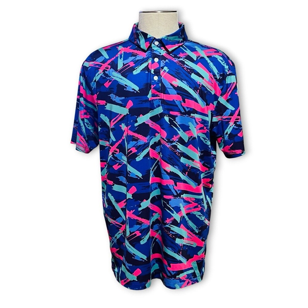 Yatta Golf Performance Polo Shirt Mens XL Abstract Brushstroke 90s Pink Teal